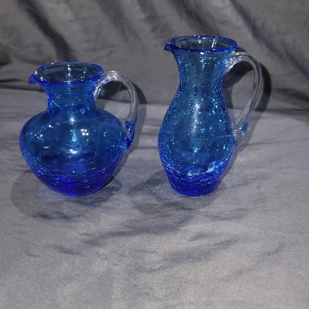 Vintage Mid Century Blue Hand Blown Crackle Small Pitchers Set Of 2 - Picture 1 of 10